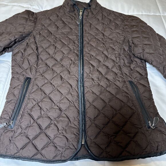 Eddie Bauer Quilted Full Zip Goose Down Embroidered Jacket Coat Sz Small Brown - Picture 8 of 13